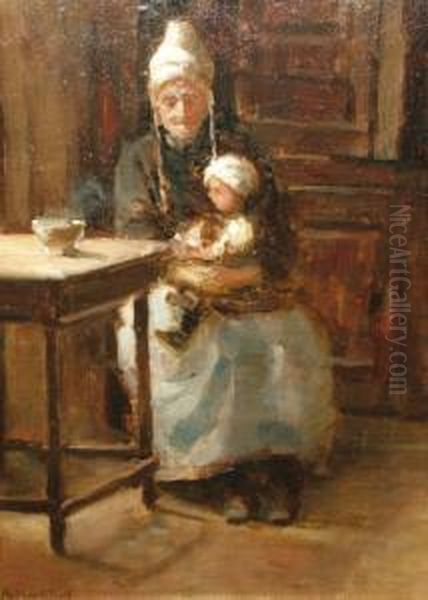 1919-old Lady With A Child Seated In An Interior Oil Painting by Arthur George Bell