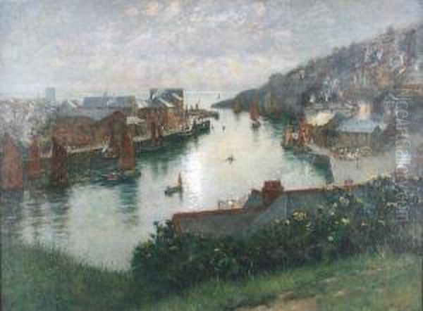 River Landscape With Boats At A Port, Houses And Figures, Possibly Cornwall Oil Painting by Arthur George Bell