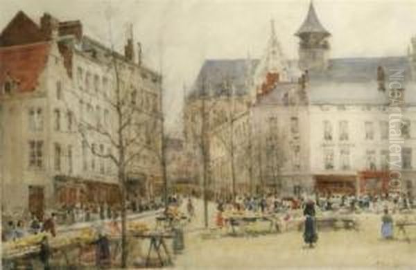 Continental Town Square Oil Painting by Arthur George Bell