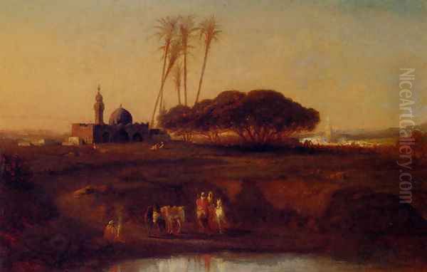 Arabs At An Oasis At Dusk Oil Painting by Narcisse Berchere