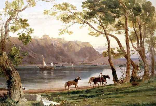 River landscape with barge horses, 1860 Oil Painting by Frederick Lee Bridell