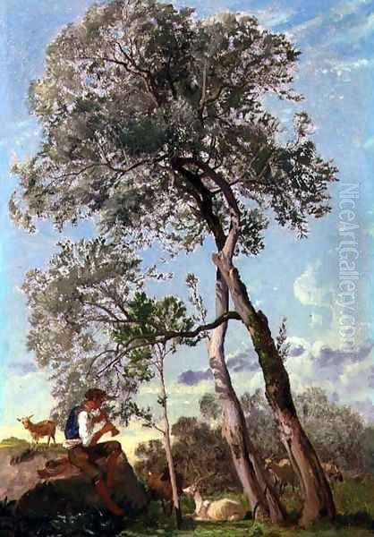 In the Campagna, a Goatherd Playing the Pipe Oil Painting by Frederick Lee Bridell