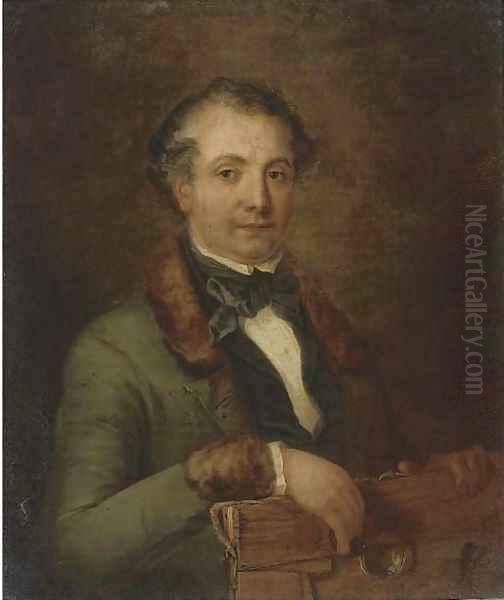 Portrait of a gentleman, traditionally identified as a member of the Holden family, half-length, holding an unframed canvas and quizzing glass Oil Painting by Frederick Lee Bridell