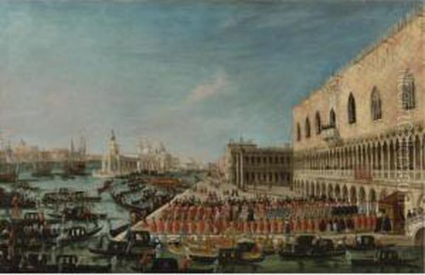 A View Of The Molo, Venice, 
Looking West With A Procession Of Ambassadors And Attendants Entering 
The Palazzo Ducale Oil Painting by Gabriele Bella