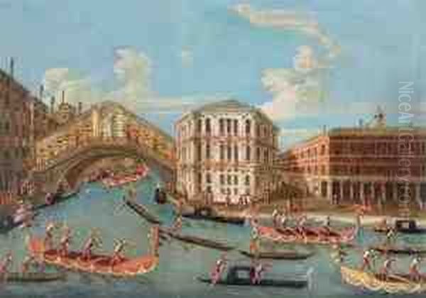 Regata Con Gondole Addobbate Sul
 Canale Grande A Venezia Con Il Ponte Di Rialto E Il Palazzo Dei 
Camerlenghi Oil Painting by Gabriele Bella