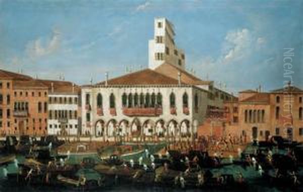 The Palazzo Correr, Venice, With
 A Senator And His Attendants Watching Wrestlers On A Pontoon, And 
Numerous Vessels On The Grand Canal Oil Painting by Gabriele Bella