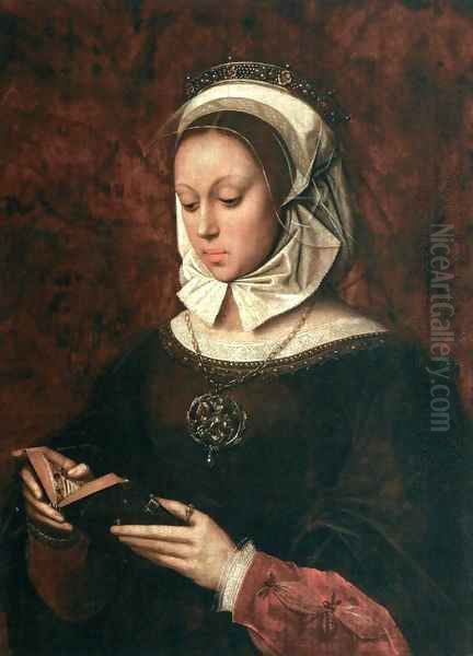 Young Woman in Orison Reading a Book of Hours Oil Painting by Ambrosius Benson