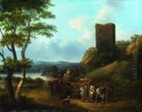 Un Convoi Dans Un Paysage Domine Par Une Tour Oil Painting by Joseph-Louis Hippolyte Bellange