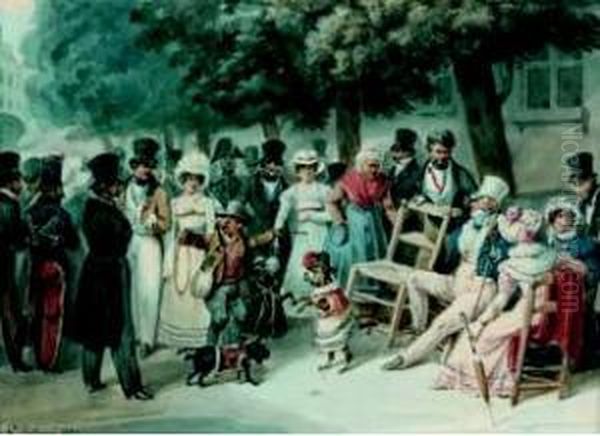 Spectacle De Rue : Les Animaux Savants Oil Painting by Joseph-Louis Hippolyte Bellange