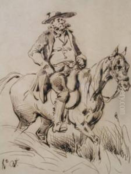 Homme A Cheval Plume Et Encre Brune. Oil Painting by Joseph-Louis Hippolyte Bellange