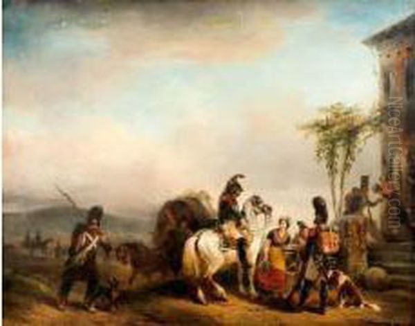 L'arrivee Des Militaires A L'auberge Oil Painting by Joseph-Louis Hippolyte Bellange