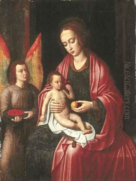 The Virgin and Child attended by an angel with a bowl of cherries Oil Painting by Ambrosius Benson