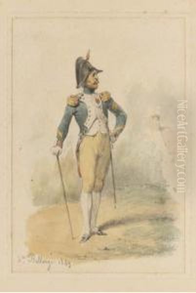 Un Officier Appuye Sur Une Canne Ou Le Jour De Toilette Oil Painting by Joseph-Louis Hippolyte Bellange