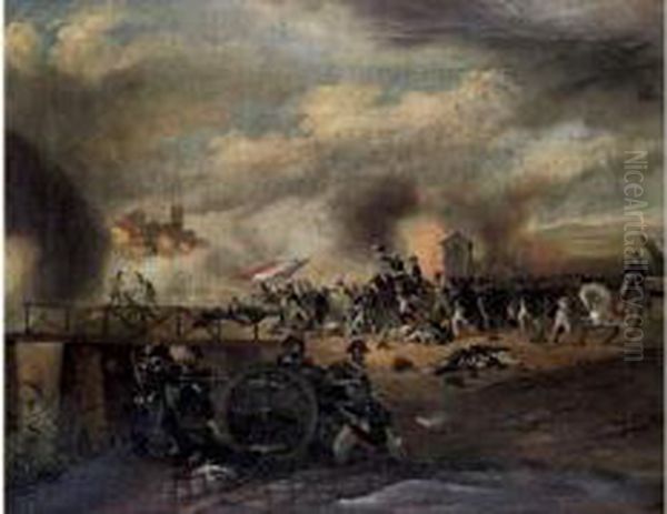 Au Premier Plan Des Canonniers 
Chargent Leur Canon Tout En Le Pointant Sur La Rive Opposee. A Droite Un
 Soldat Retient Par La Bride Le Coursier Blanc De Bonaparte, Tandis Que 
Celui-ci S'elance A L'avant Du Pont Jete Sur L'alpon En Brandissant Le 
D Oil Painting by Joseph-Louis Hippolyte Bellange