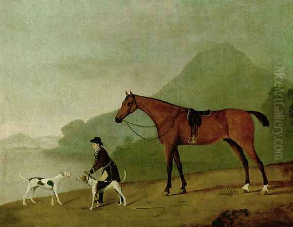 A saddled bay hunter with a groom and hounds, in a landscape Oil Painting by John Best