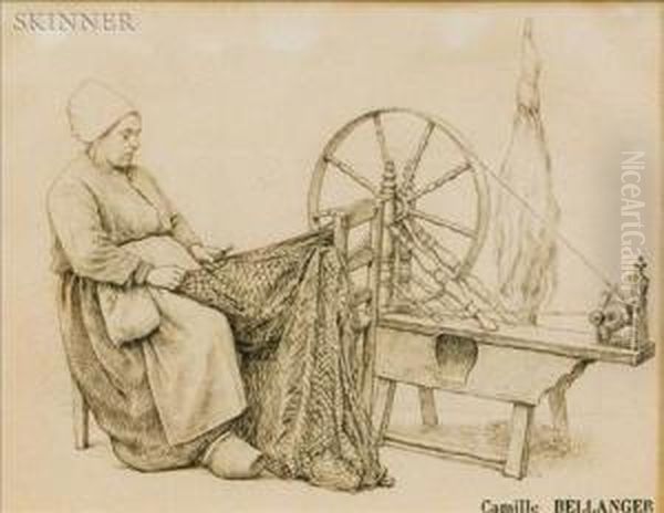 Woman At Spinning Wheel Oil Painting by Camille Bellanger