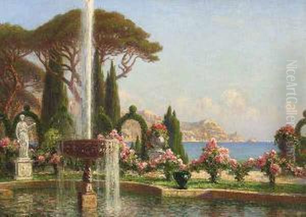 A Mediterranean View Past Classical Gardens & Fountain Oil Painting by Paul Bellanger-Adhemar