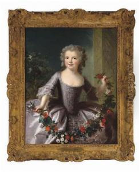 Portrait Of A Young Girl, Three-quarter-length, In A Lilac Dress With A Swag Of Flowers Oil Painting by Alexis Simon Belle