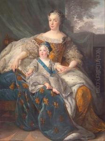 A Portrait Of Marie Leszczynska,
 Queen Of France, Full-length, Seated, Holding Her Son, The Dauphin Oil Painting by Alexis Simon Belle