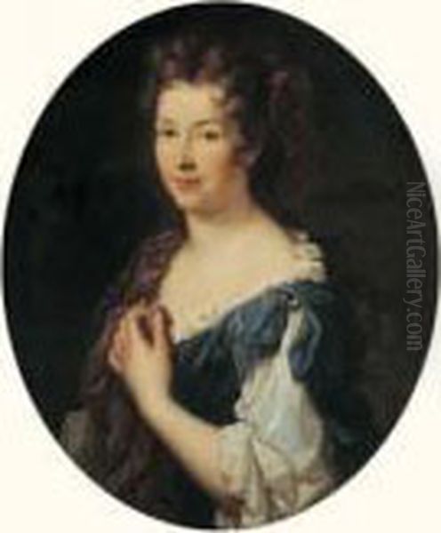 Portrait De Femme A La Robe Bleue Oil Painting by Alexis Simon Belle