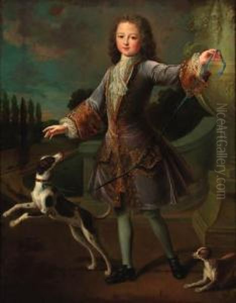 Portrait Of A Young Gentleman, 
Standing Full-length, In A Lilaccoat With Gold Embroidery And A Lace 
Cravat, With Two Dogs In Agarden Oil Painting by Alexis Simon Belle