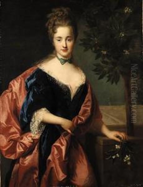 Portrait Of A Lady, Standing 
Three-quarter Length, Beside An Orangetree, Holding A Sprig Of Orange 
Blossom, A Formal Gardenbeyond Oil Painting by Alexis Simon Belle