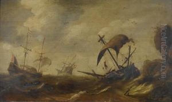 Dutch Shipping Foundering In Stormy Seas Off A Rocky Coastline Oil Painting by Jacob Adriaensz. Bellevois