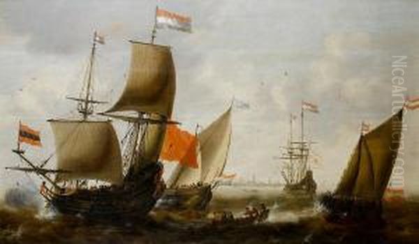 Dutch Shipping In Choppy Seas Off The Coast Of Amsterdam Oil Painting by Jacob Adriaensz. Bellevois