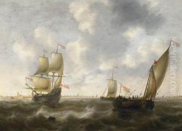 Ships On The Coast In Front Of A Dutch City Oil Painting by Jacob Adriaensz. Bellevois