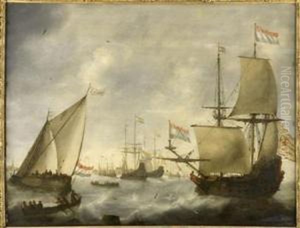 The Dutch Fleet Entering Harbour In Choppy Seas Oil Painting by Jacob Adriaensz. Bellevois