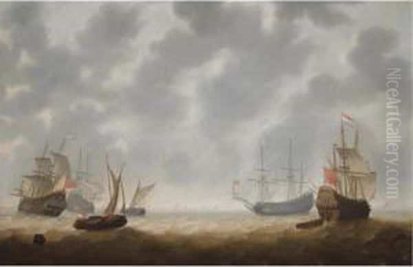 Four Galley Frigates And Two Smallships In Choppy Seas, Shipping Atthe Horizon Oil Painting by Jacob Adriaensz. Bellevois