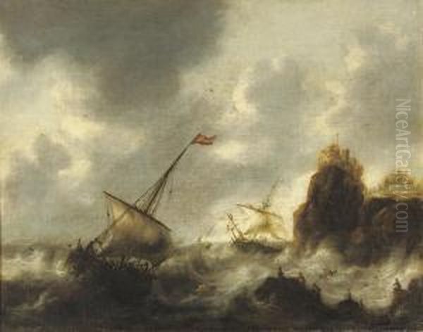 Sailing Vessels In Distress Near A Rocky Coast Oil Painting by Jacob Adriaensz. Bellevois