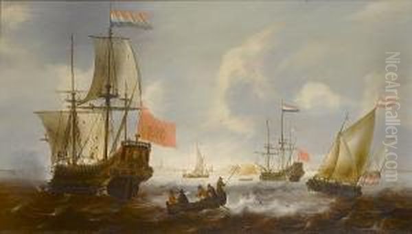 Dutch Frigates And Fishing Boats Off The Coast Of Vlissingen Oil Painting by Jacob Adriaensz. Bellevois