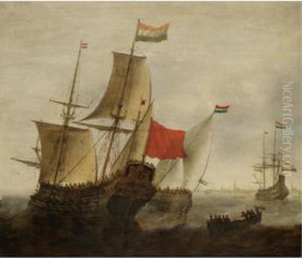 A Dutch Man-of-war And Merchantmen Off Amsterdam Oil Painting by Jacob Adriaensz. Bellevois