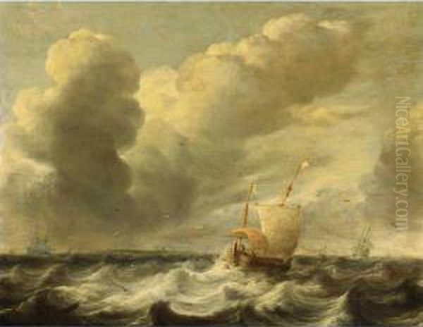 A Dutch Hoeker In Stormy Waters With Other Sailing Vessels In The Background Oil Painting by Jacob Adriaensz. Bellevois