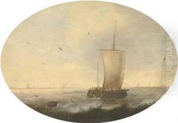 Shipping In A Stiff Breeze, A Coastline With A Town Beyond, In A Painted Oval Oil Painting by Jacob Adriaensz. Bellevois