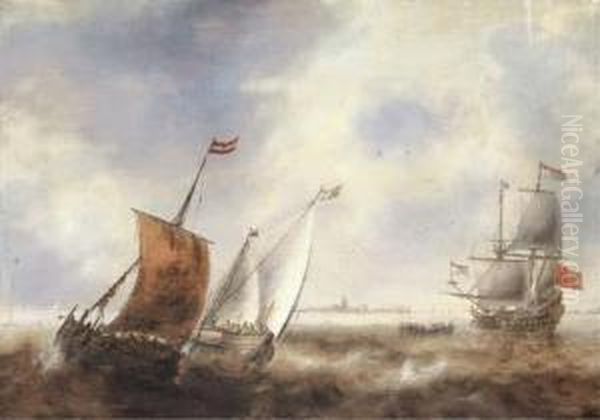 Two Smalschips In Stormy Waters With A Dutch Man Of War Off Thecoast Of A Town Oil Painting by Jacob Adriaensz. Bellevois