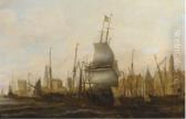 Three Masters And Other Vessels Moored At A Quay Oil Painting by Jacob Adriaensz. Bellevois