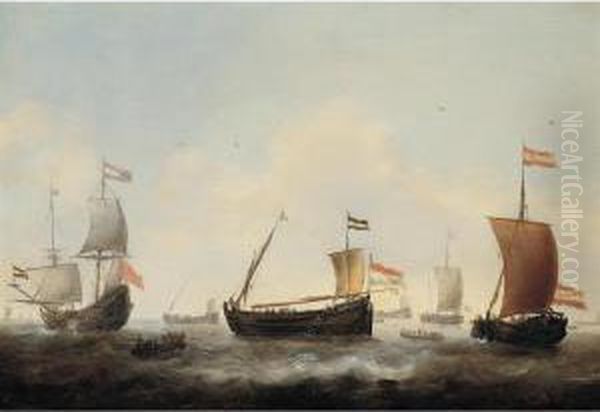 Dutch Herring Fleet With A Merchantman In A Light Swell Oil Painting by Jacob Adriaensz. Bellevois