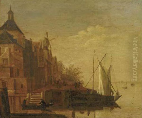 A River Landscape With Boats Moored At A Townside Oil Painting by Jacob Adriaensz. Bellevois