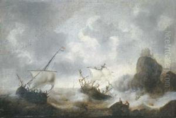 A Coastal Landscape With Frigates Off The Coast In A Storm Oil Painting by Jacob Adriaensz. Bellevois