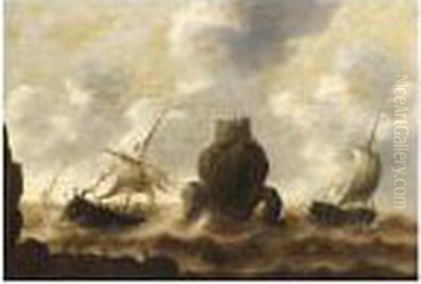 Stormy Seas With A Shipwreck And Fishermen In The Foreground Oil Painting by Jacob Adriaensz. Bellevois