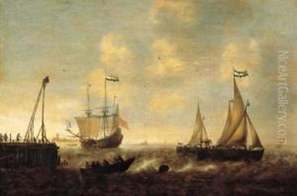 Smallships, A Threemaster And A 
Pink On A River By A Jetty In A Stiff Breeze, A Town In The Distance Oil Painting by Jacob Adriaensz. Bellevois