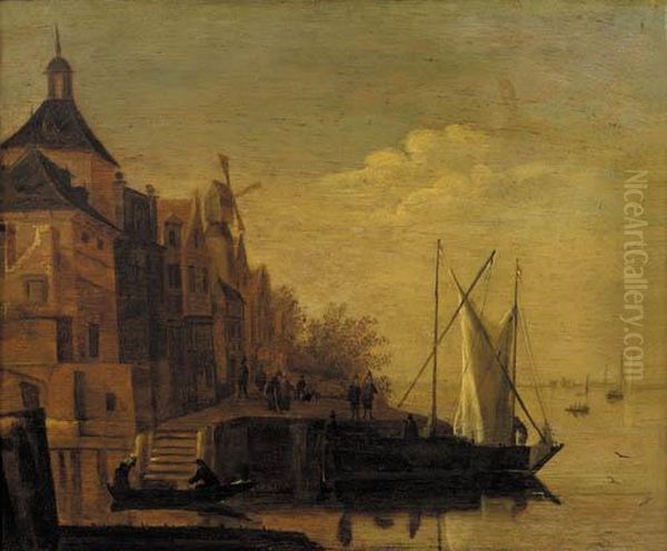 A Town By A River With Sailing Vessels Moored At A Quay, At Dusk Oil Painting by Jacob Adriaensz. Bellevois