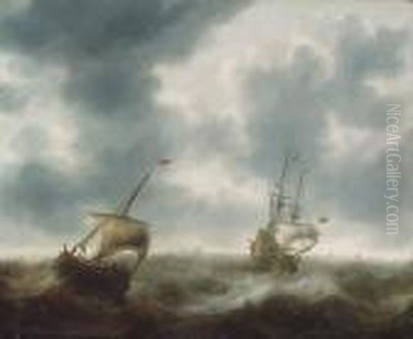 A Dutch Merchantman, A Pink And Other Shipping In Rough Seas Oil Painting by Jacob Adriaensz. Bellevois