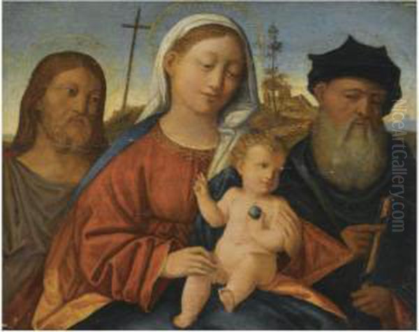 The Madonna And Child With Saint John The Baptist And Another Malesaint Oil Painting by Giovanni Bellini