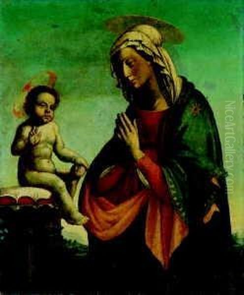 Madonna Das Kind Anbetend. Oil Painting by Giovanni Bellini