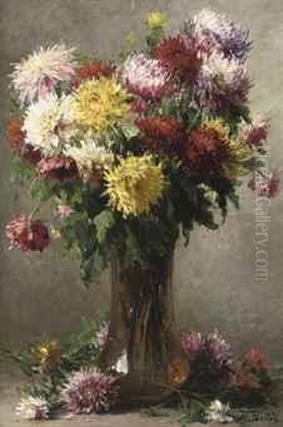 Chrysanthemums In A Glass Vase Oil Painting by Hubert Bellis