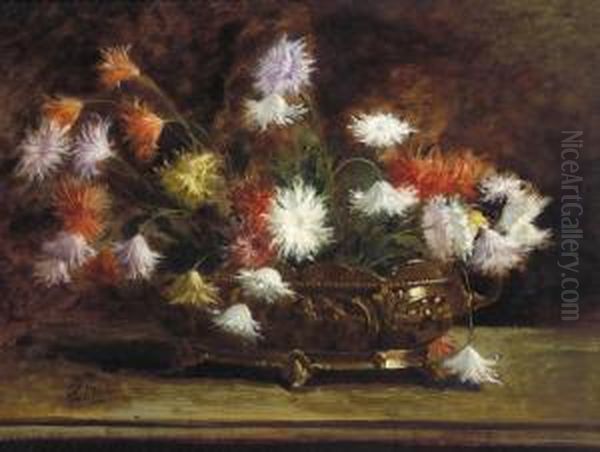 Chrysanthemums In Adecorative Bowl Oil Painting by Hubert Bellis