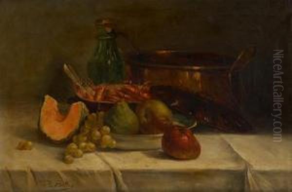 Composition Aux Ecrevisses Etaux Fruits Oil Painting by Hubert Bellis